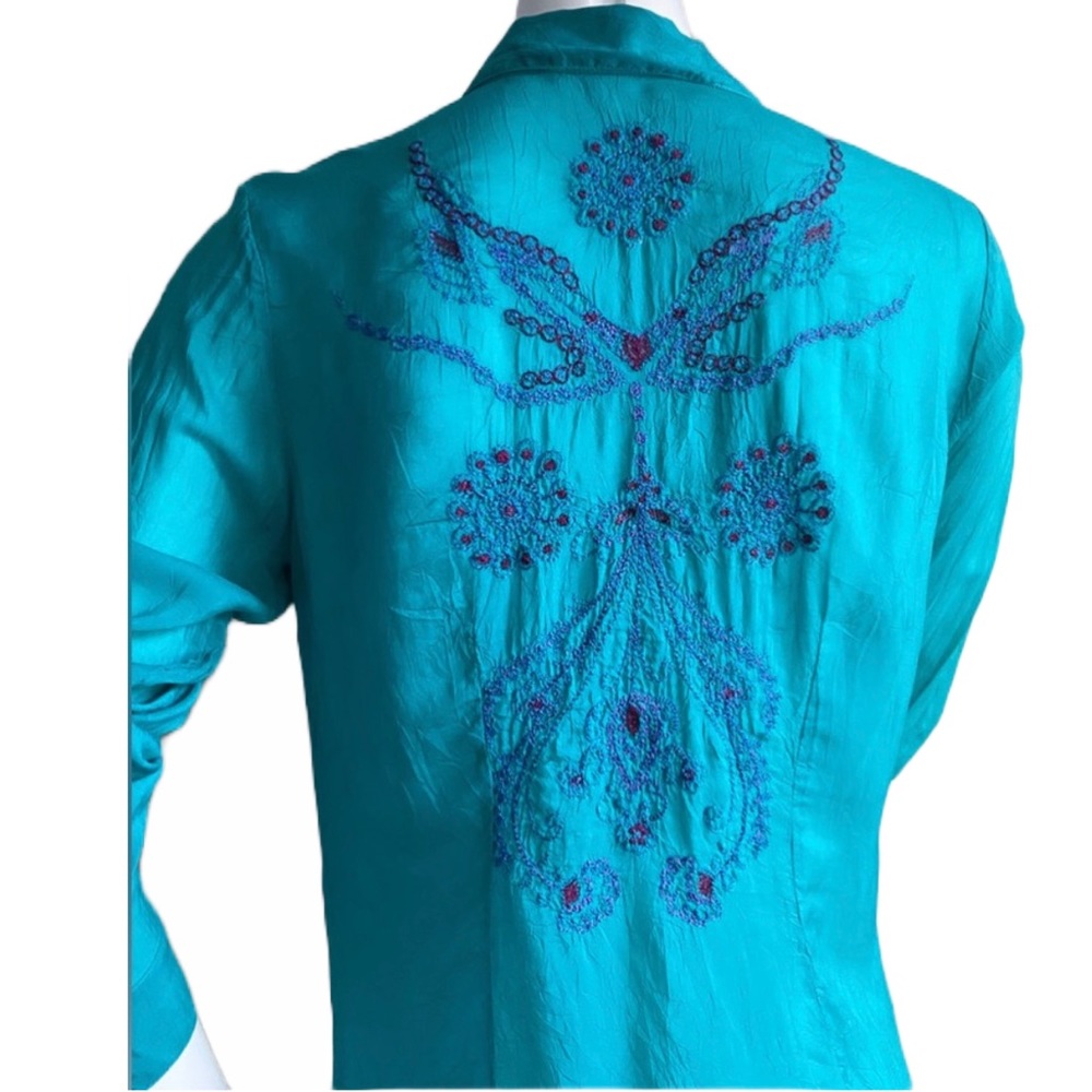 Johnny Was Blue Embellished Long Sleeve Button Down